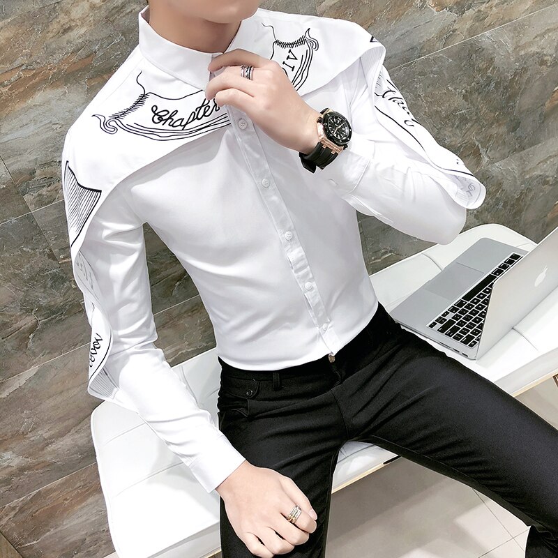 Skjorte koreansk langærmet slim fit gotisk skjorte camisa mænd bryllupsskjorte patchwork skjorte sort hvid: Hvid / Koreansk  xl 60-65kg