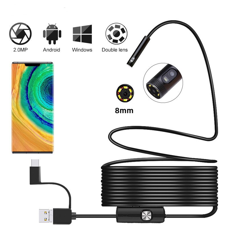 720P 3IN1 Dual USB Endoscope Camera 2m 5m 10m Hard Cable Snake Inspection Camera 8mm 6 LED Borescope for Android PC Endoscope