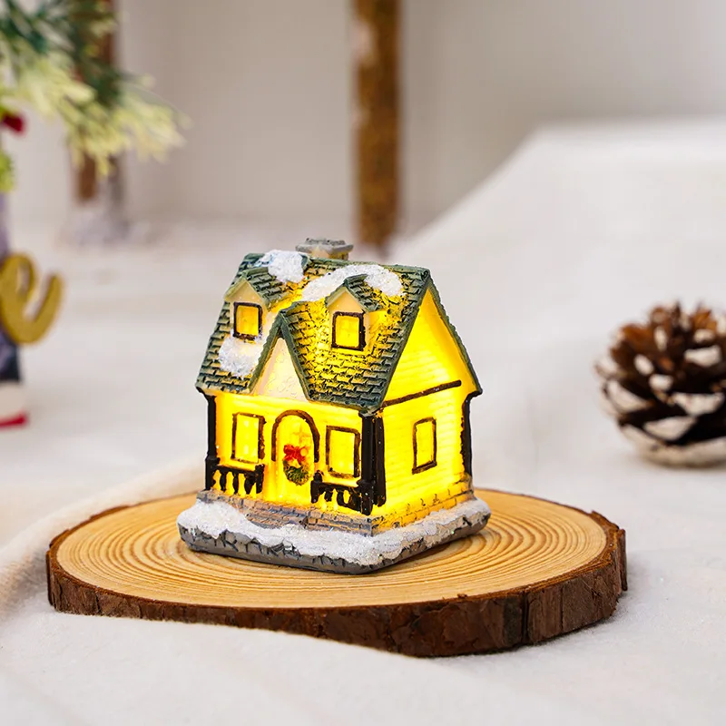Christmas Decorations Resin Christmas Small House Micro-landscape Light Snow House Display A Christmas: Olive