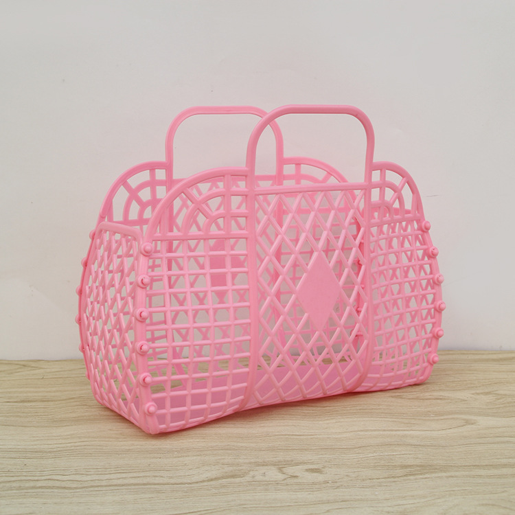 Bolsa de cesta de almacenamiento de plástico plegable, organizador de cosméticos de viaje abierto con de asas dobles, bolsa de playa para lavar a mano fácil de limpiar: Rosa