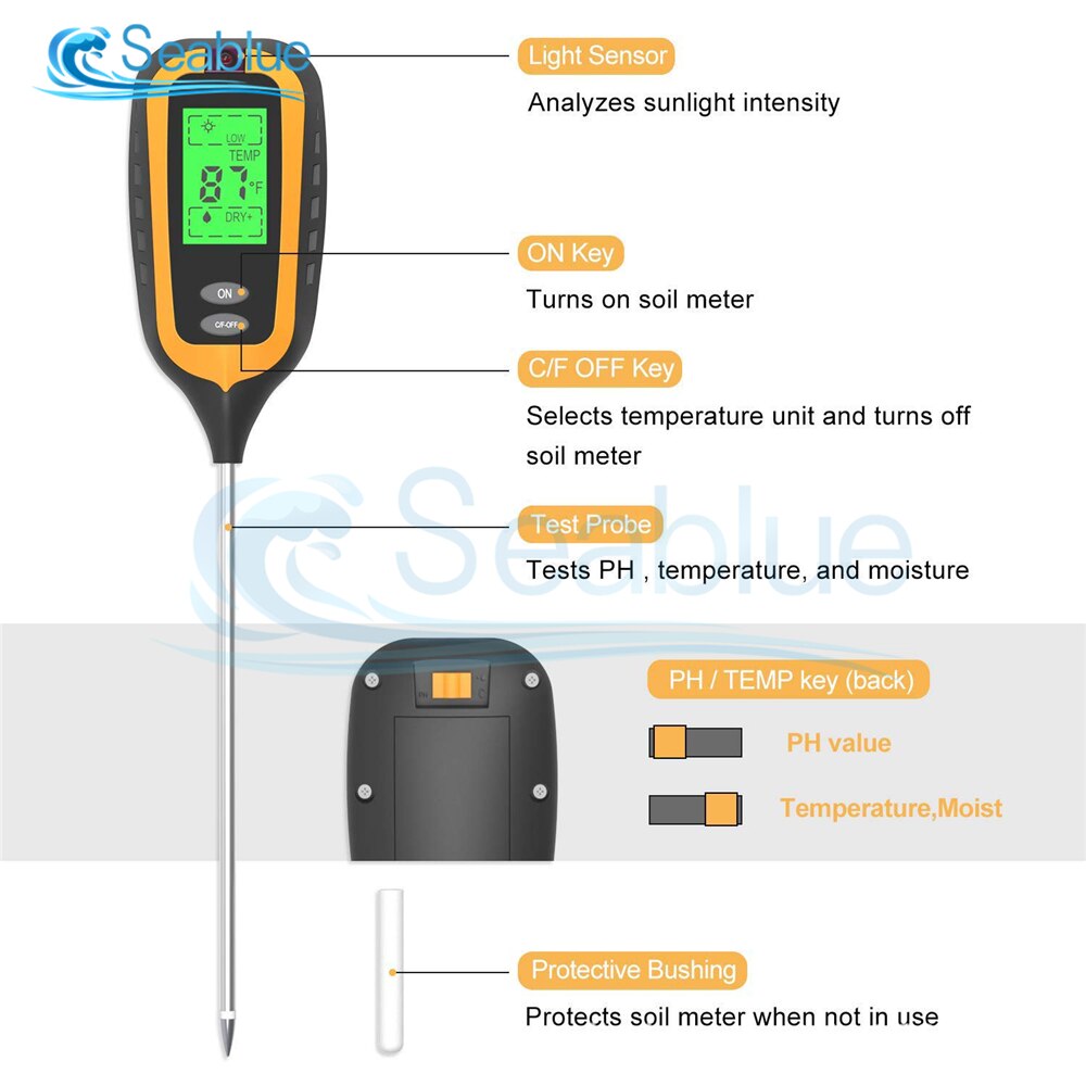4 in 1 Digital Soil Moisture Meter PH Meter Temperature Sunlight Tester For Garden Farm Lawn Plant Tool With LCD Displayer