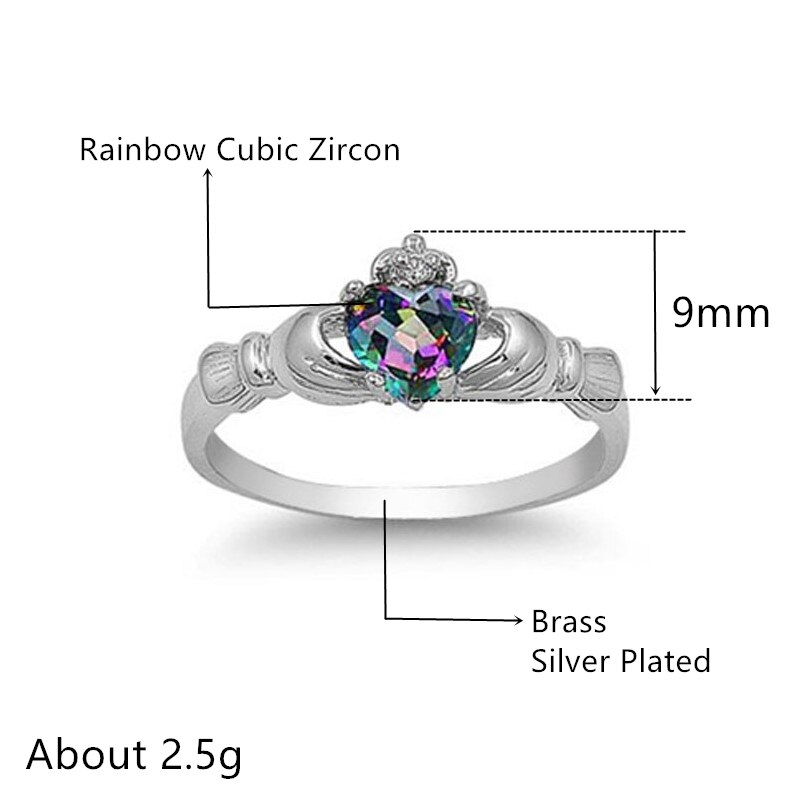 Huitan Mode Hart Claddagh Ring Met Rainbow Cz Prong Instellen Verzilverd Mode-sieraden Beste Minnaar Ringen Voor Vrouwen