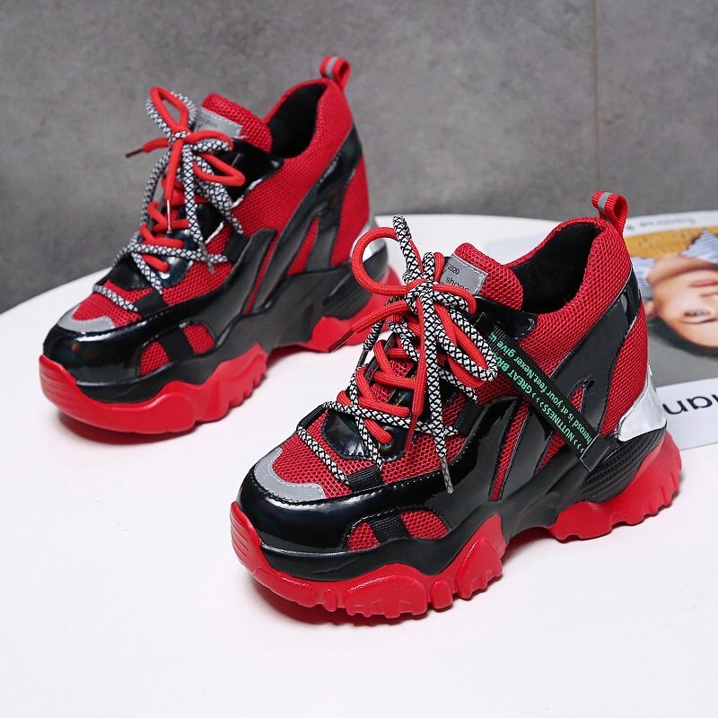 Moipheng chunky sneakers høj hæl 10 cm kvinder efterår tyk bund platform sneakers højde stigende kvinde sølv casual sko: Rød / 5