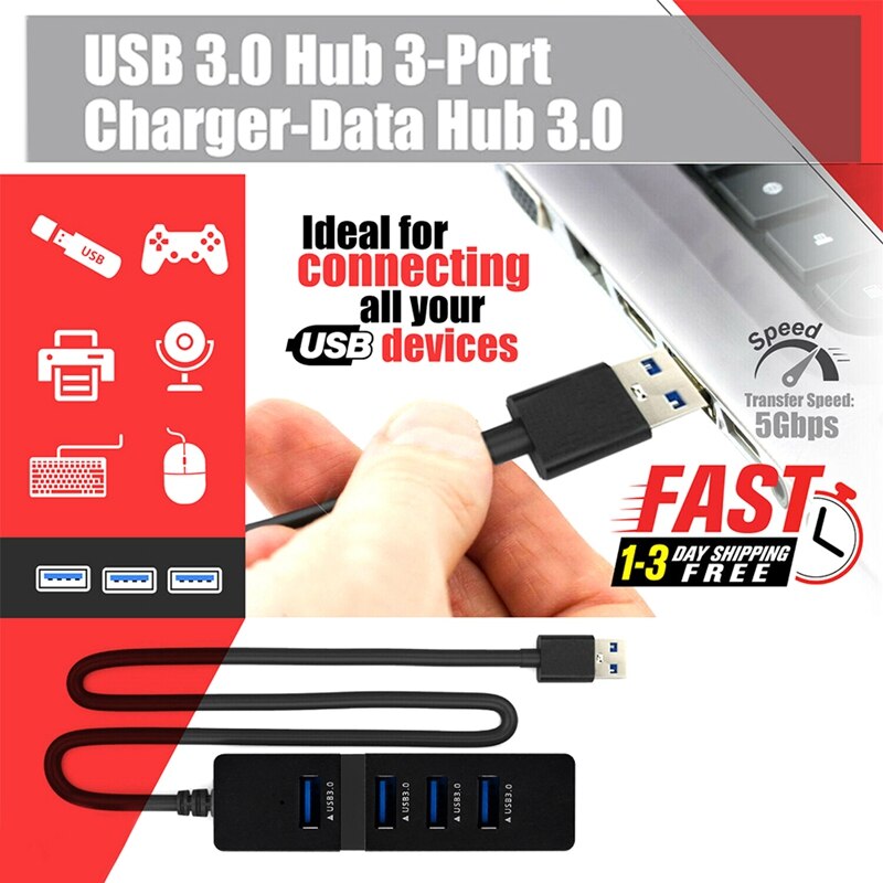 -USB 3.0 Hub 4-Port Adapter Charger Data Sync Super Speed PC Mac Laptop Desktop