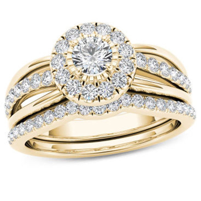 Goldenen Voll Zirkon Hochzeit Ringe Für Frauen Schmuck Kristall Runde Ring Weibliche Jahrgang Engagement Ring Frauen Damen