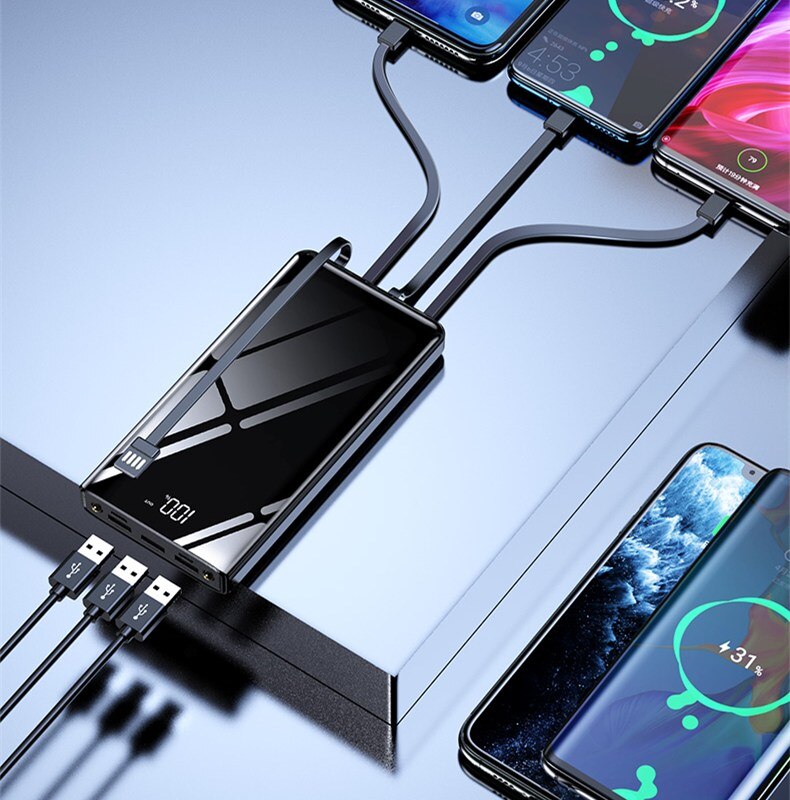 30000mah For IPhone Samsung Xiaomi power bank Power Bank Built-in 4 Cables Full Screen Powerbank Fast Charging External Battery