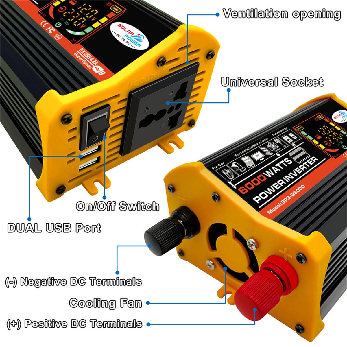 6000w strömriktare modifierad sinusvåg lcd-skärm  dc 12v till  ac 220v dubbla usb-biltransformatorer konvertera eu-uttag