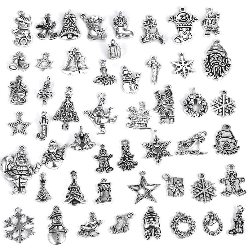 50 stücke Mischte Antike Silber Farbe Santa Claus Schneeflocke Schnee Hirsch Weihnachten Baum Reize Anhänger für Halskette DIY Schmuck Erkenntnisse