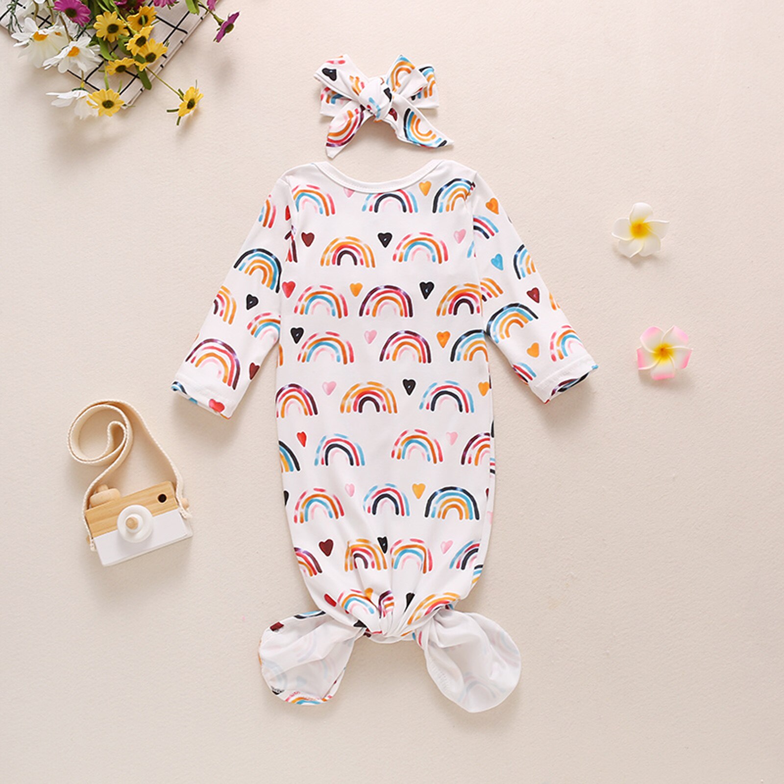 Baby Nightwear with Headband Rainbow Print Round Neck Long Sleeve Sleepwear+ Headdress