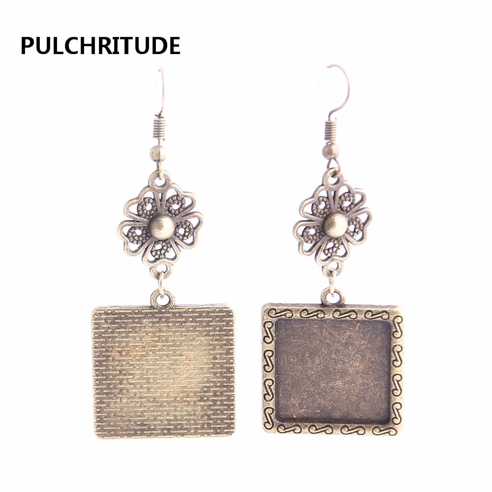 PULCHRITUDE 12pcs/lot Metal Alloy Zinc Flower Connector Fit Square 20mm Cabochon Set Pendant Earing Jewelry Making C0800