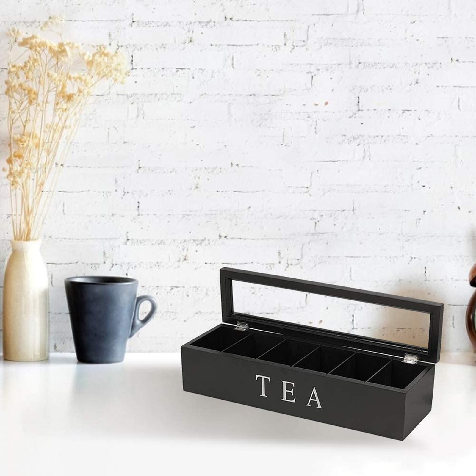 Wooden Tea Box with Lid Coffee Tea Bag Storage Holder Organizer for Kitchen Cabinets Coffee Tea Bag Storage Holder
