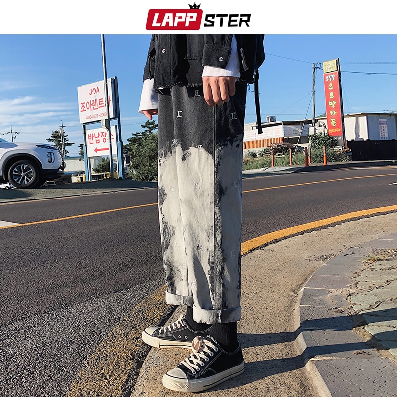 LAPPSTER Men Korean Gradient Black Jeans Mens Embroidery Streetwear Baggy Denim Pants Male Hip Hop Wide Leg Harem Pants INS