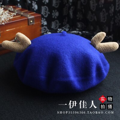 Japanse afdeling complex gubei lei hoed dames herfst en winter zuiver wol mooie gewei kersthoed schildershoed knop baret: Koningsblauw