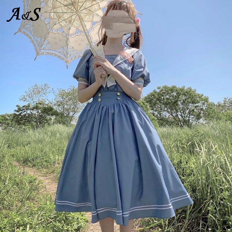 Anbenser japonês doce lolita vestido harajuku marinheiro colarinho vestidos da marinha vintage arco kawaii meninas estilo preppy vestido de manga longa