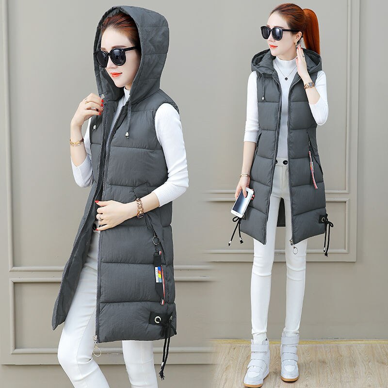 Efterår vinter hættevest kvinder vest plus størrelse lommer lynlås slanke lange veste dame colete feminino: Grå / M