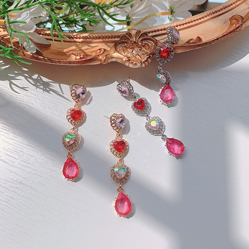Mwsonya Koreaanse Luxe Rose Kristal Liefde Hart Lange Oorbellen Voor Meisje Tassel Oorbellen Voor Vrouwen Mode-sieraden Pendientes