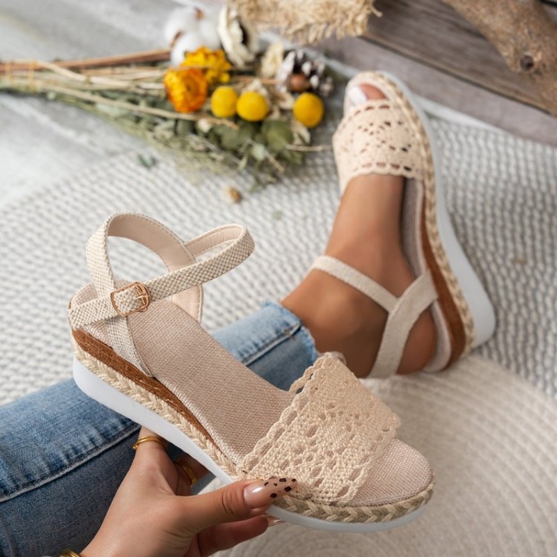 Sandale Espadrilles unter geschlossener Zehenpartie Esparto-Knöchelarmband mit Schnalle-Textil-Spitzendetail Frau Keilabsatz aus Esparto und Plateau: Schwarz / 36