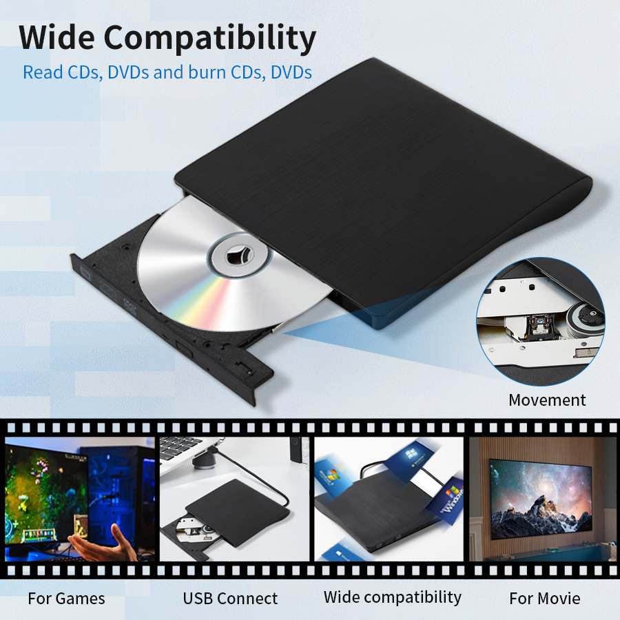 AMMTOO External CD DVD Drive USB 3.0 Portable Fits for DVD-R DVD-RW Player Burner for PC Laptop Computer Windows 10/8/7