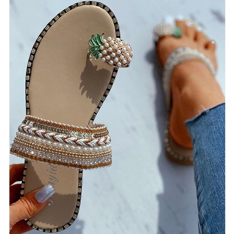 Sandalias de estilo informal con suela plana y adornos de piñas para mujer, zapatillas femeninas de playa de estilo casual, con plataforma plana, sandalias deslizantes de estilo bohemio para verano,