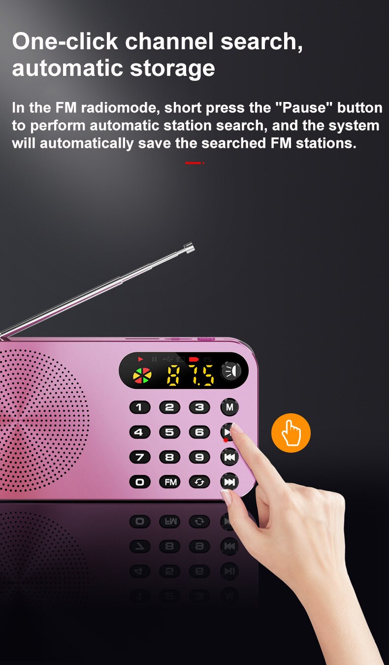 Mini Fm Radio Draagbare Fm Ontvanger Met Led Display Led Light Ondersteuning U Disk Tf Card Hoofdtelefoon Spelen 3600Mah oplaadbare Batterij