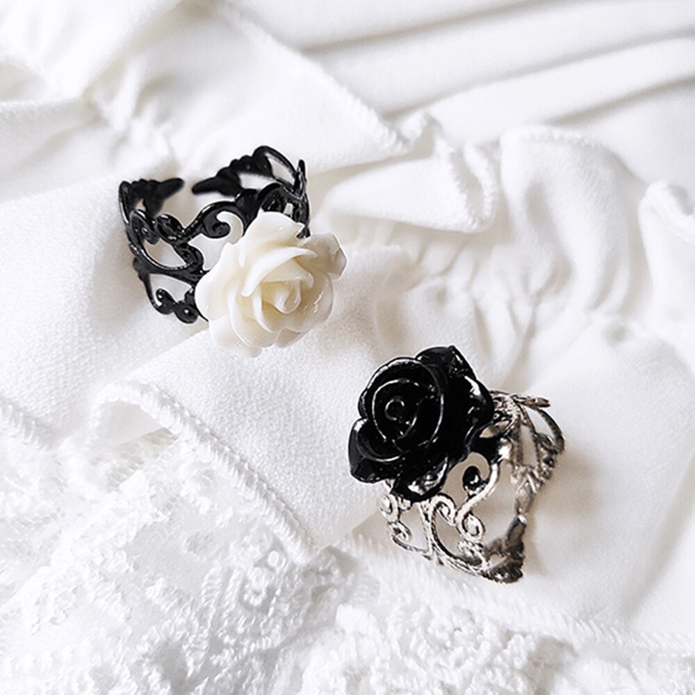 Gothic Style Wedding Rings Women Cool White Black Rose Hollow Couple Rings Club Party Vintage Accessories