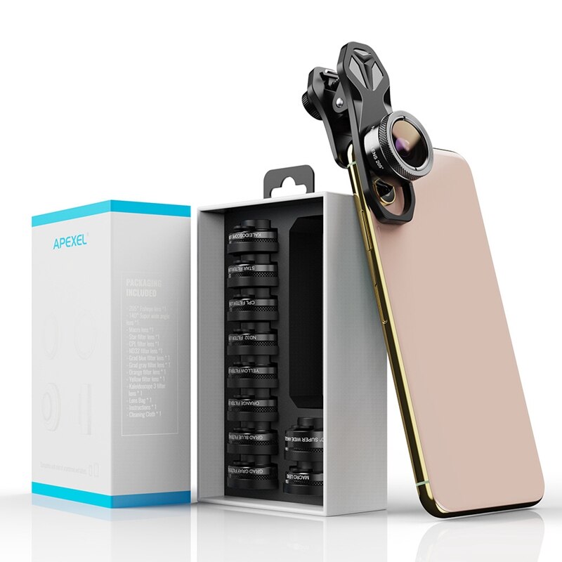 APEXEL 11 in 1 Camera Phone Lens Kit Wide Angle Macro Full Color/Grad Filter CPL ND Star Filter for iPhone Xiaomi All Smartphone