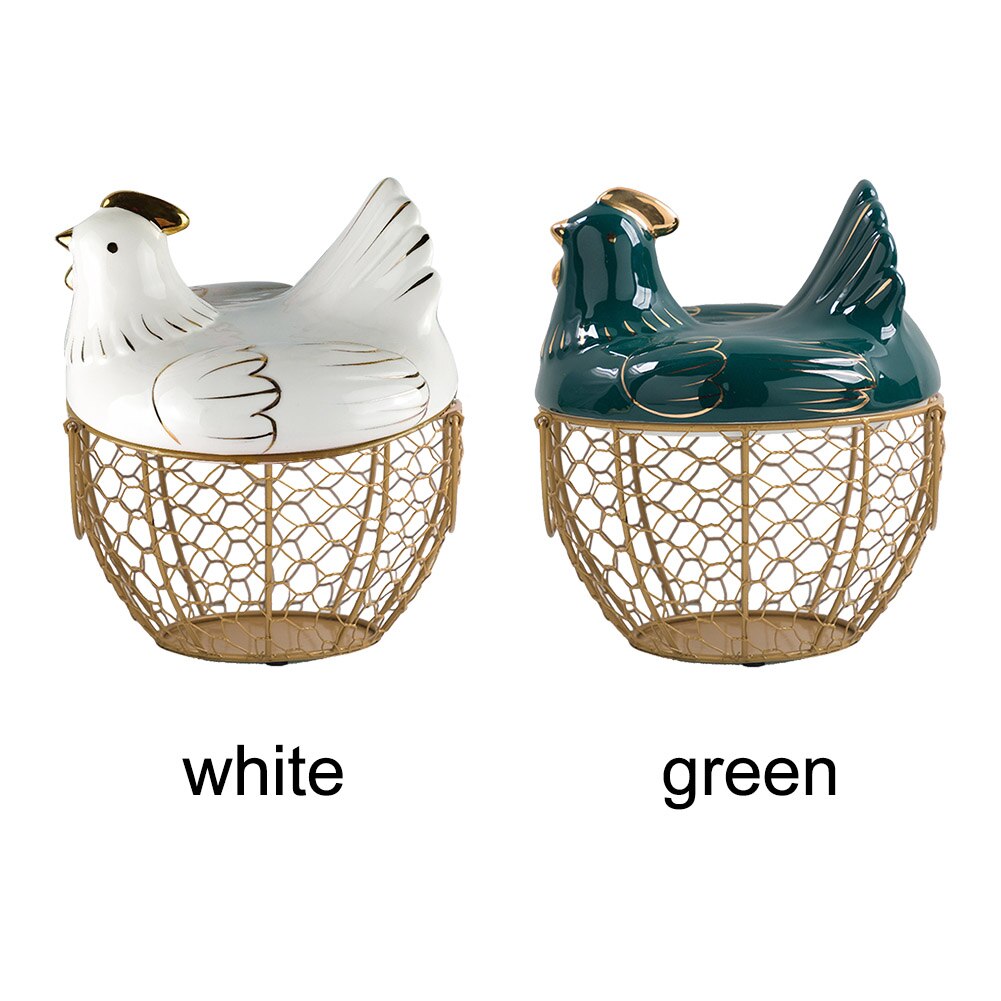 Multi-function Iron Eggs Storage Basket Chicken Shape Ceramic Lid Fruit Organizer With Handle Large Capacity Kitchen Mesh Holder