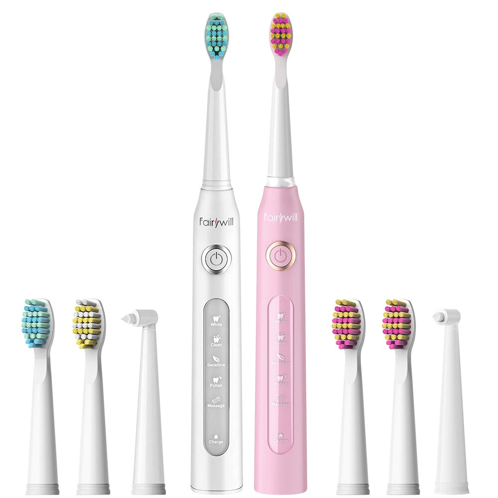 Fairywill Electric Toothbrush FW-507 USB Charger IPX7 Waterproof 5 Mode Sonic Electric Toothbrush Timer Brush with 8 Brush Heads: FW507white.FW507pink