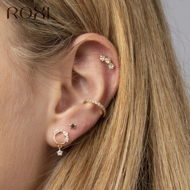 ROXI Neue Mond und Stern Ohrringe 925 Sterling Kristall Zirkon Kleine Stud Ohrringe für Frauen Brincos Delicate Koreanischen Ohrringe