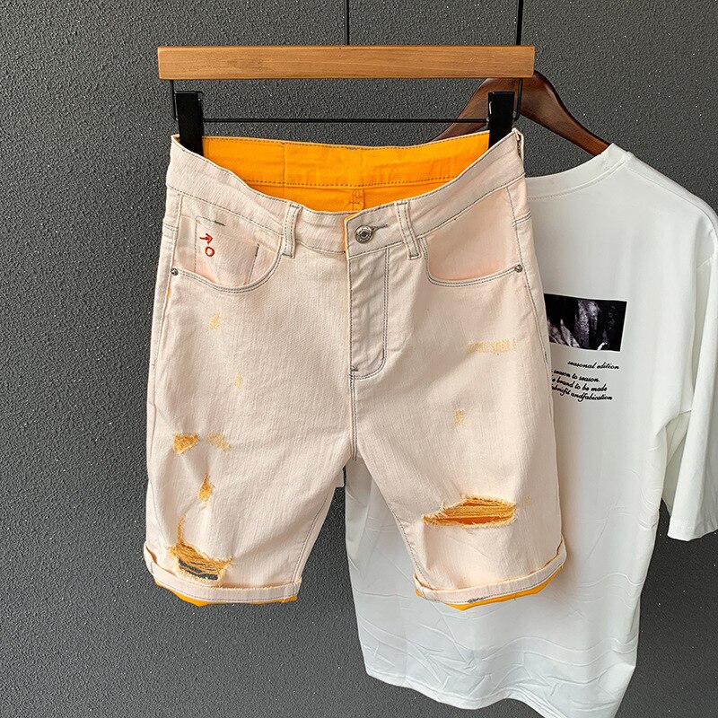 Men Color Khaki Orange Stretch Denim Shorts Summer Thin Ripped Biker Jeans Short Male Brand Clothes