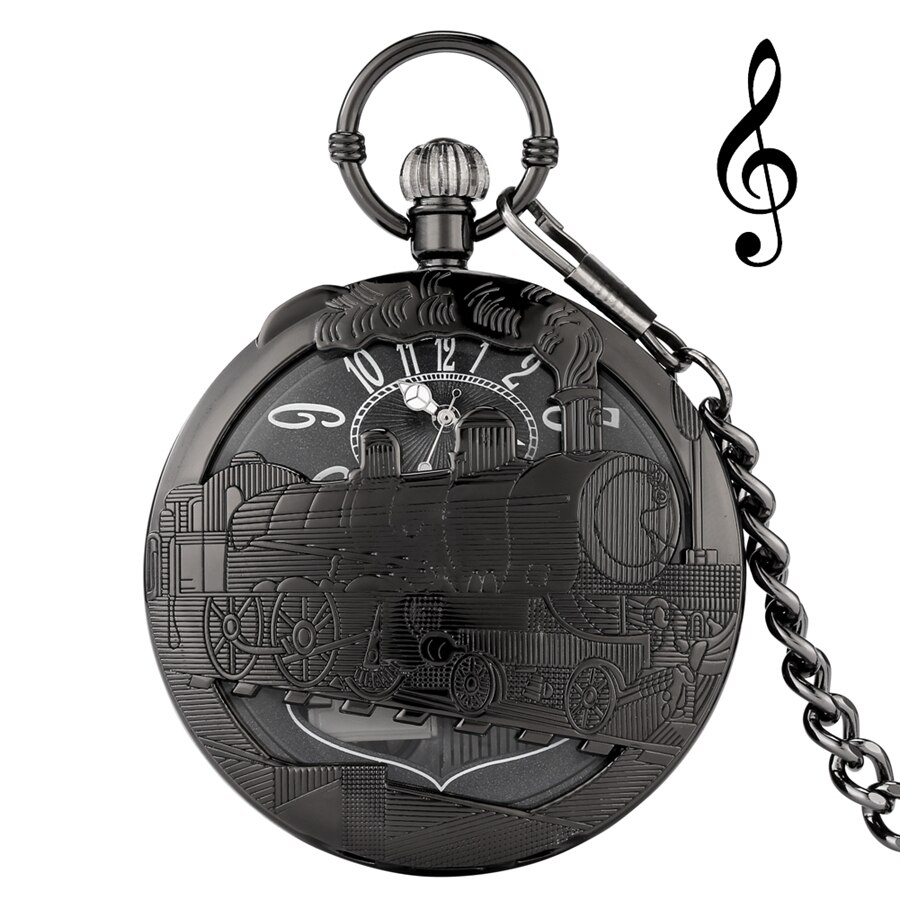 Reloj de bolsillo con movimiento Musical de plata de lujo, pulsera de mano de cuarzo con manivela para reproducir música, Fob, cadena colgante, de Año: black