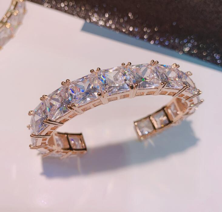 Fashionable exaggerated squares lined with sparkling large zircon opening party dress bracelets: rose gold