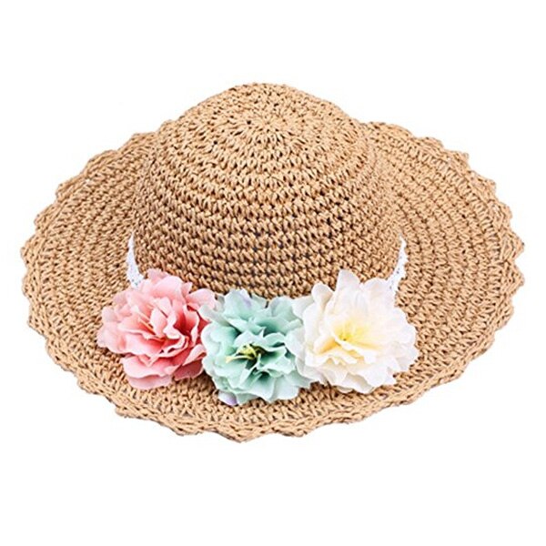 Summer KTFGS Floral Straw Hats Fedora Hat Children Visor Beach Sun Hat Wide Brim Floppy Beach Sun Visor Hat with Flowers, Khaki