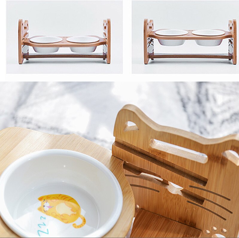 Wooden Pet dining table Double Bowls Cat Tilted Feeders Kitten Dishes with Slope Bamboo Rack Puppy Drink Feeding Bowl HW035
