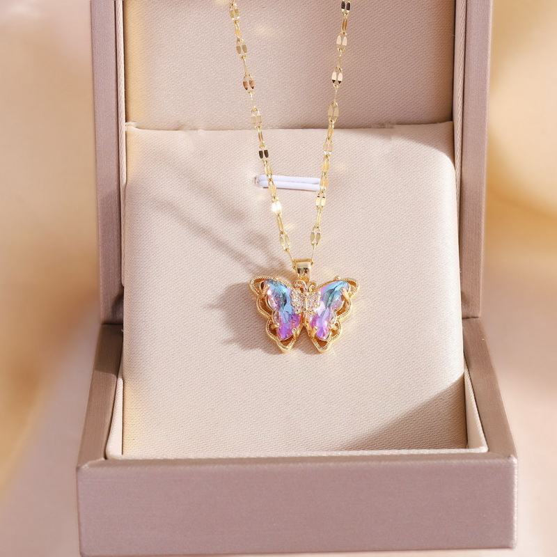 Nova moda de luxo zircão borboleta pingente colar para mulheres meninas aço inoxidável clavícula corrente feminino elegante festa jóias: Imitação de ródio chapeado