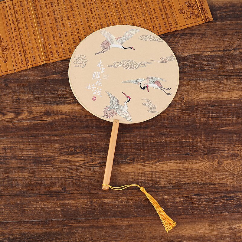 Vintage Round Fan Long Handle Tassel Dancing Hanfu Circular Fan Ancient Chinese Style Classical Printed Court Round Fan Wedding: 8