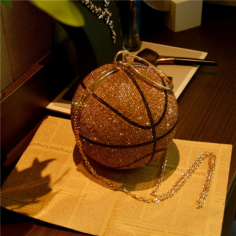 3D Basketball Round Ball Gold Clutch Purses for Women Evening Rhinestone Handbags Ladies Party Dinner Bag