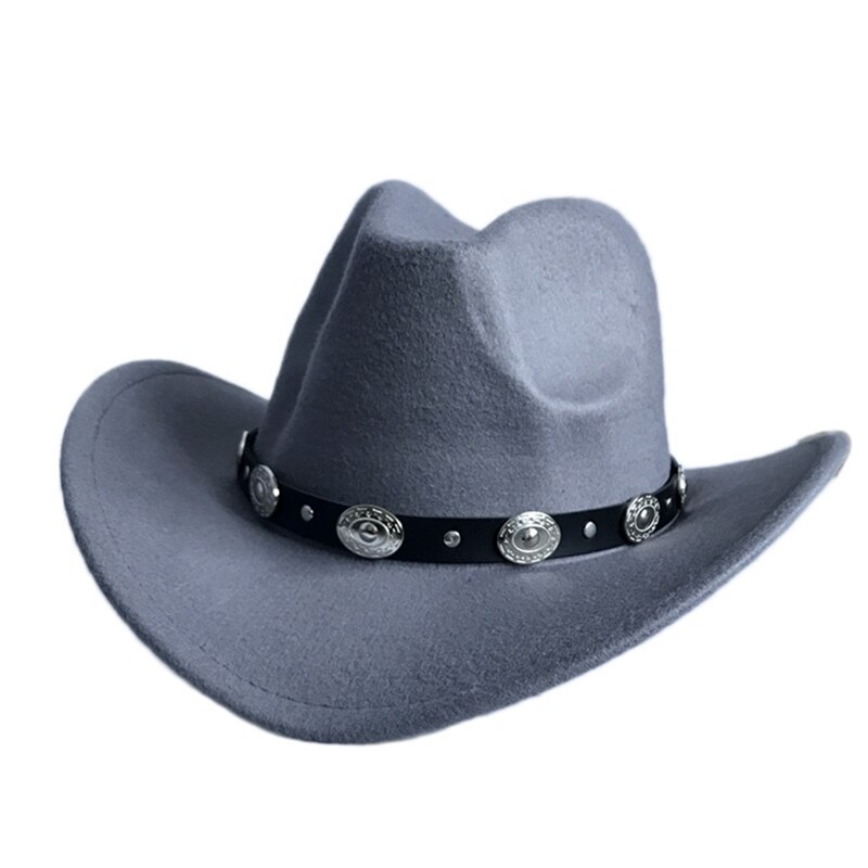 Womem Men Western Cowboy Hat With Wide Brim Punk Belt Cowgirl Jazz Cap With Leather Toca Gentleman Sombrero Cap: GY