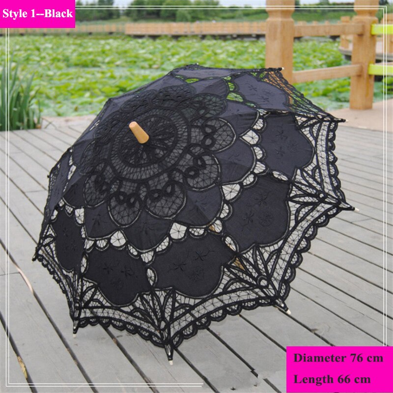 Handgemachte Stickerei Spitze Sonnenschirm Regenschirm Frauen Hochzeit Braut Foto Weiß Baumwolle Holz Griff Dekoration Regenschirm: Stil 1--Schwarz