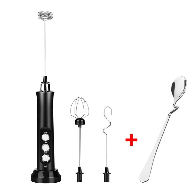 3 in 1 elektrisk mjölkskummare usb uppladdningsbar äggvisp multifunktionell elektrisk mixer för barnmat glass mjölkskum: Svart