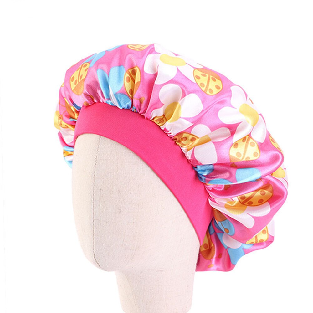 Cute Pattern Kids Satin Sleep Cap Bonnet Flower Printed Night Cap Turban Chemo Hat Girl's Wide Elastic Band Night Sleep Cap: 07 Dark Pink