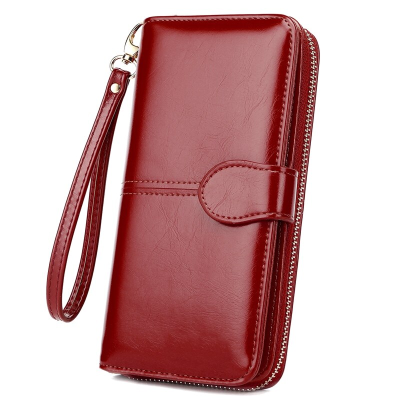 VICUNA POLO Brand Waxy Oil Leather Card Holder Wallet For Women Large Capacity Travel Ladies Wallet Clutch Wristlet Wallets: Burgundy