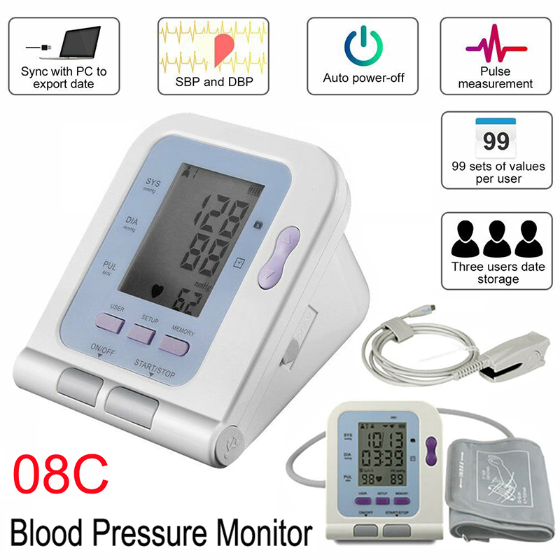 CONTEC08C Blood Pressure Monitor Upper Arm Electronic Sphygmomanometer Adult Cuff Oscillometry+Digital Integrative SpO2 Probe