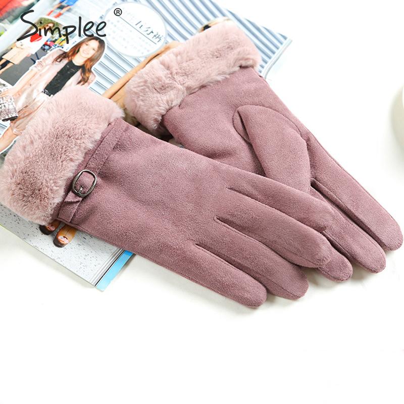 Simplee tyk ruskind vinterhandske kvinder fuldfinger vindtæt kvindelig varm pelshandske udendørs kørsel damer handsker vanter: Lys lilla