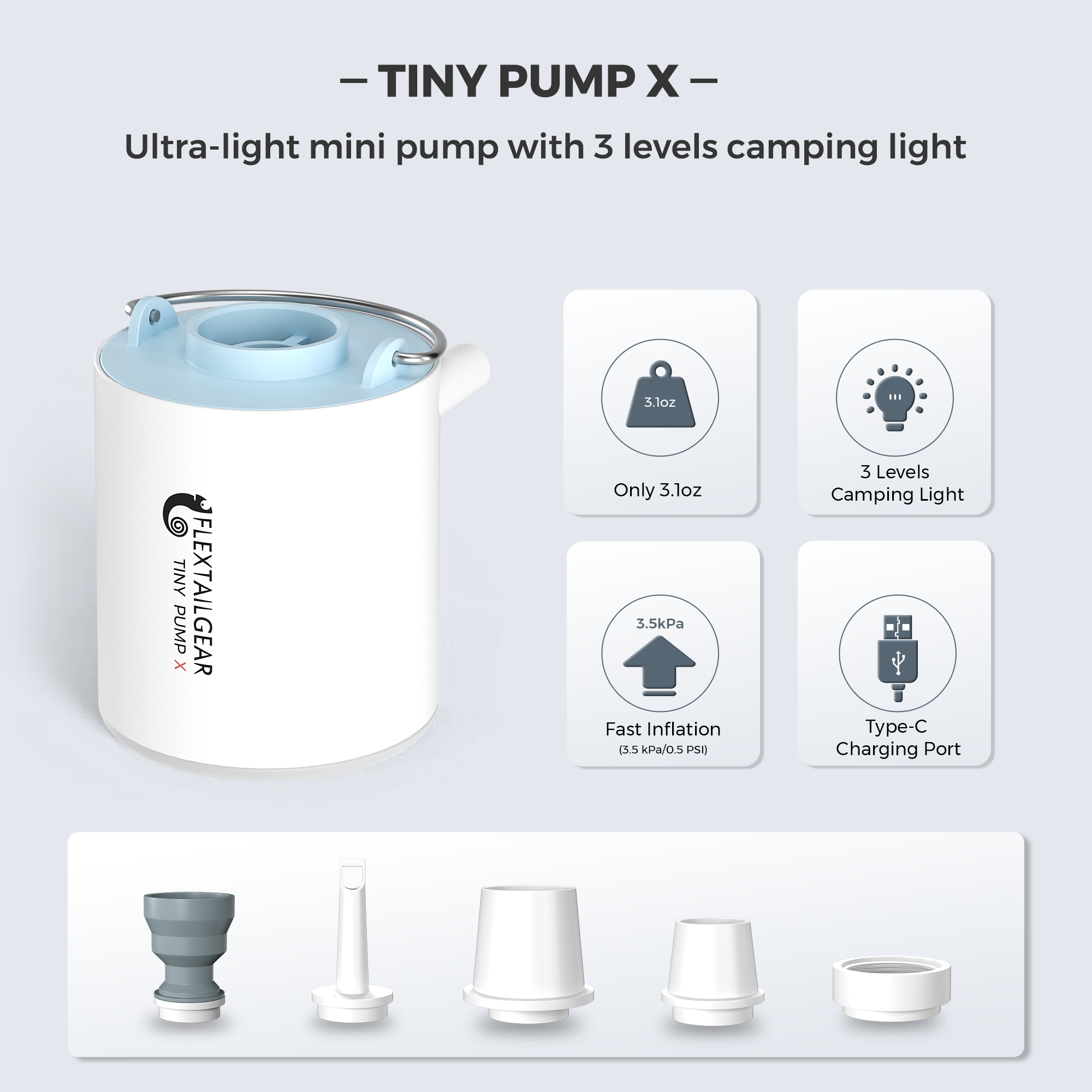 FLEXTAILGEAR TINY PUMP X - Portable Electric Air Pump with Camping Light Rechargeable for Pool Floats Air Mattress Vacuum Bags: Blue