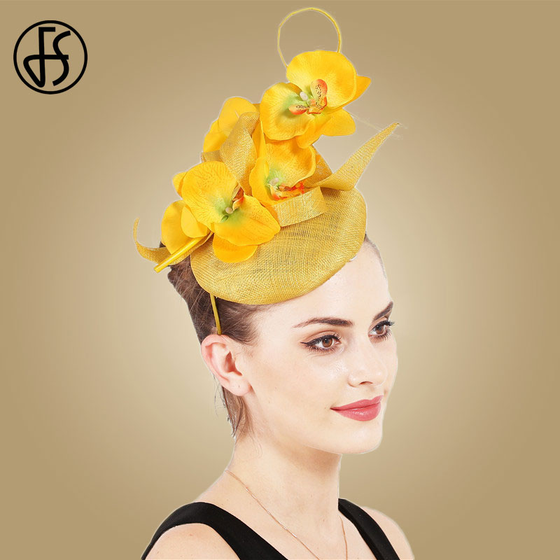 FS Sinamay-sombreros de tocado de Iglesia amarillo para mujer, tocado de novia , color blanco, para boda