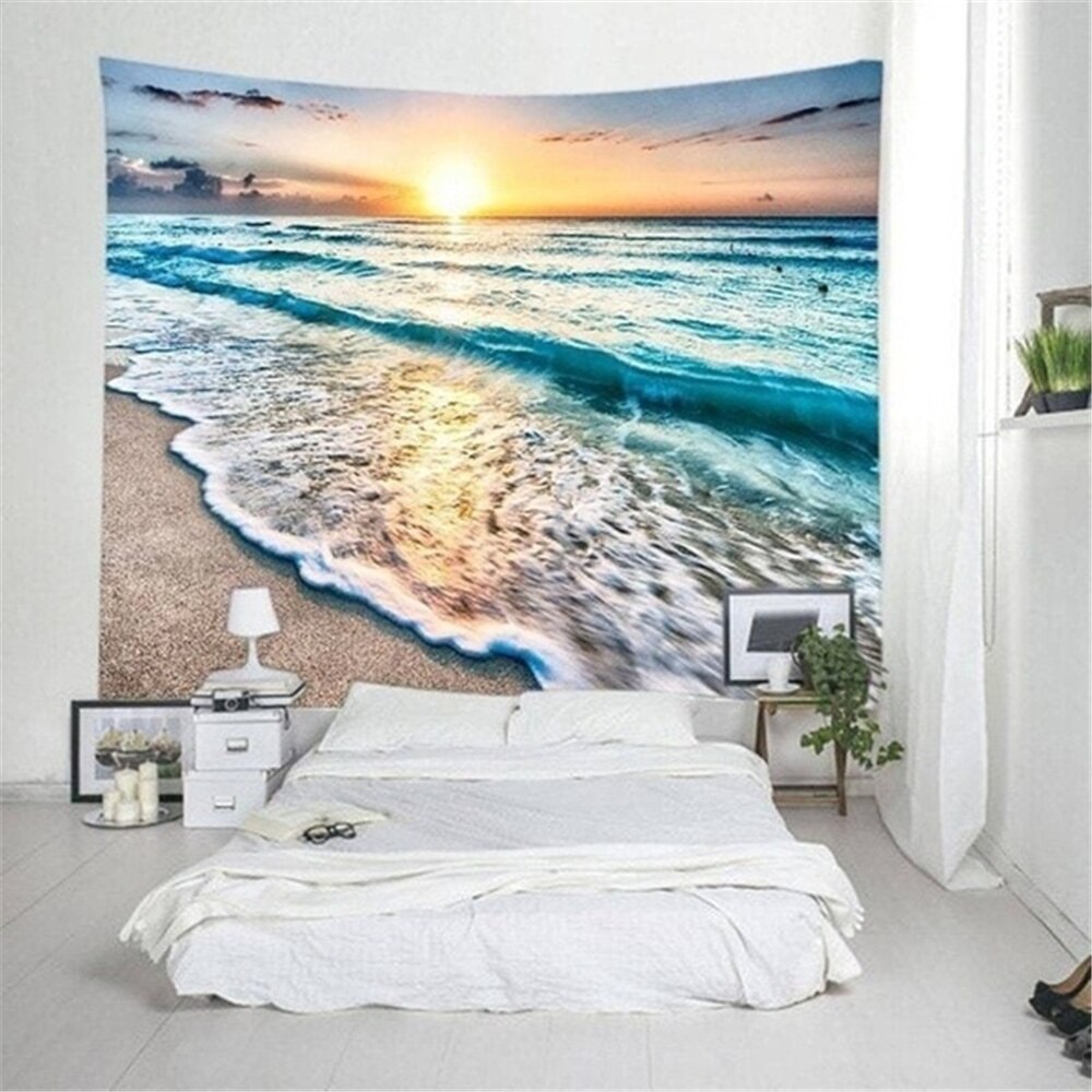 The Blue Sea Tapestry Classic Landscape Tapestry Sunset Beach Pattern Beach Ocean Wave Home Decor Tapestry Wall Decor Tapiz: 95x73cm