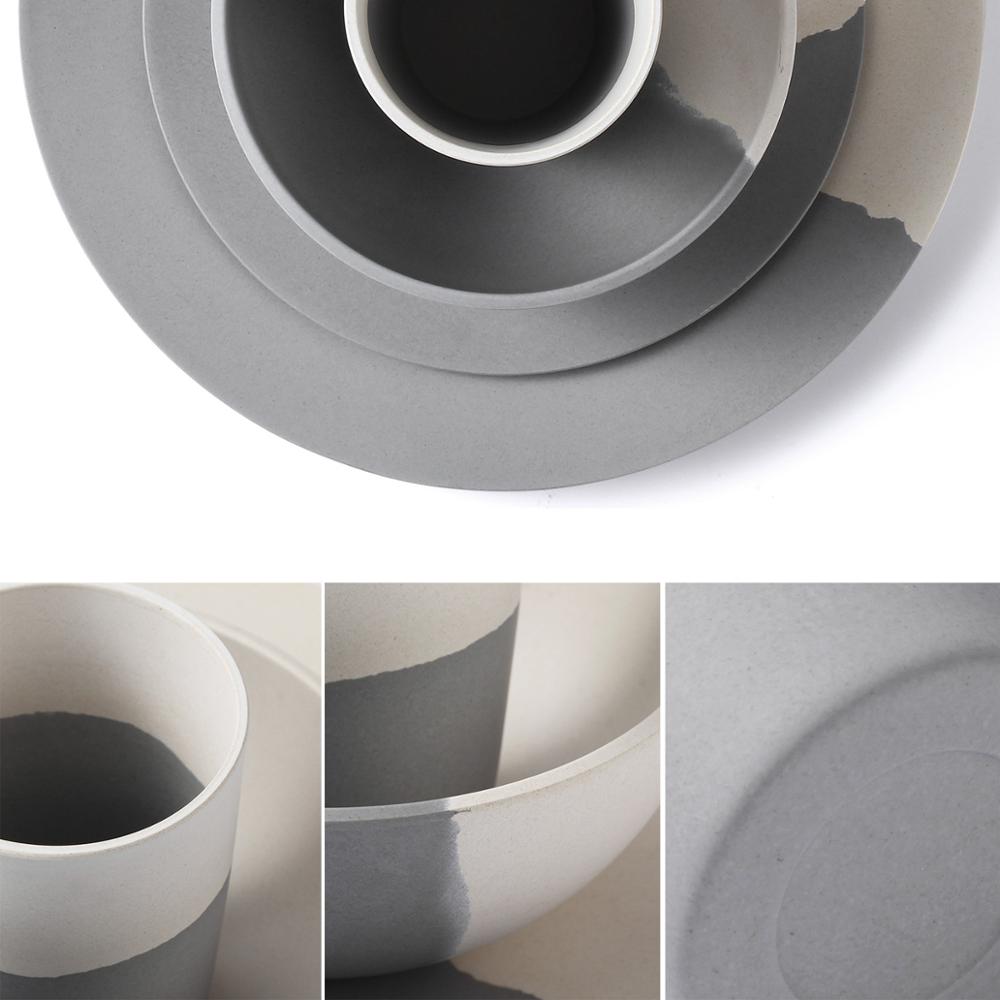 Lekoch Bamboo Fiber 4Pcs for 1 person Tableware Set gray and white Plate Bamboo Fiber dinnerware Plate Bowl Cup Set for Party