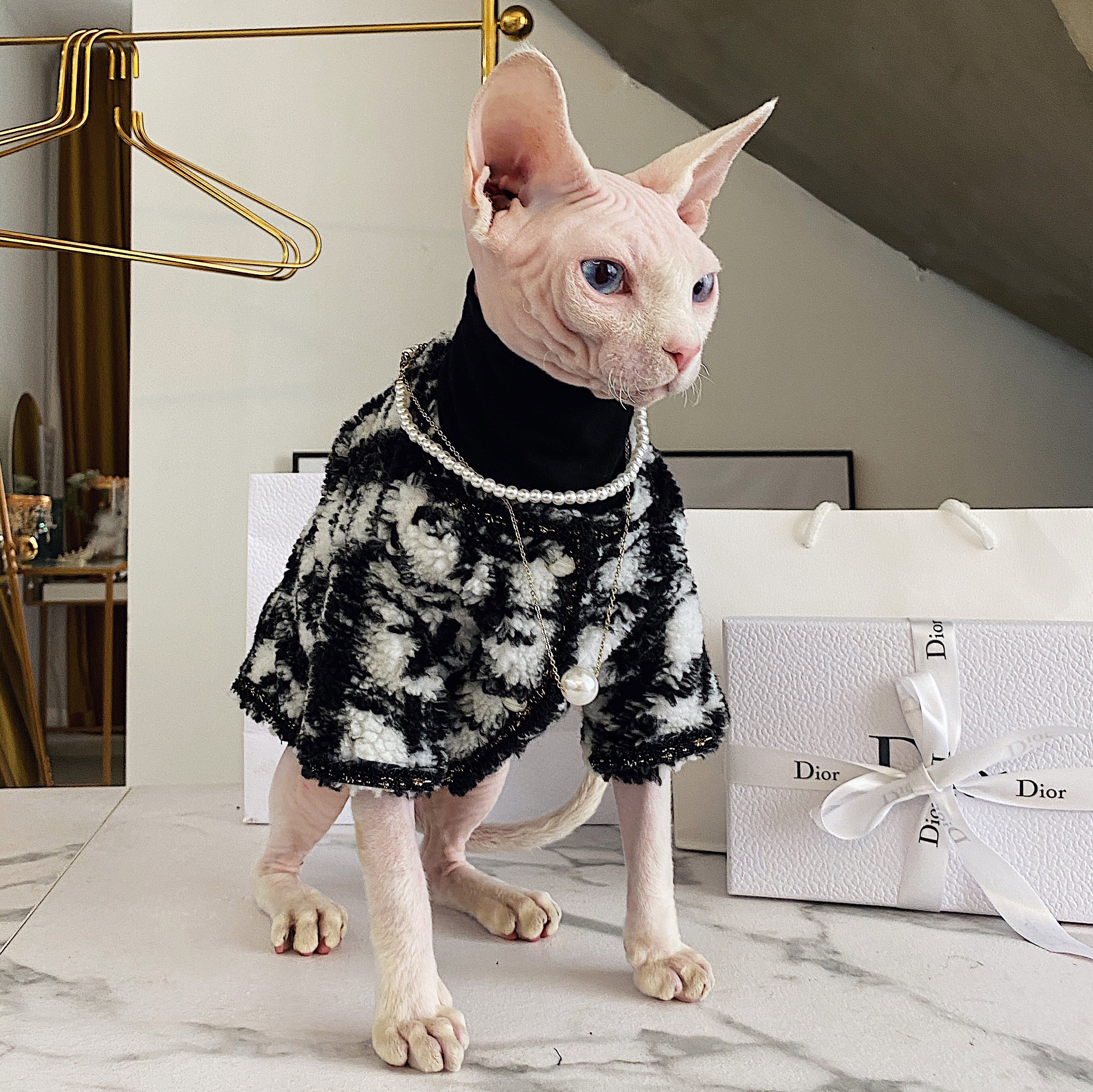Senaste sphynx kattkläder ulltröja med valfritt pärlhalsband
