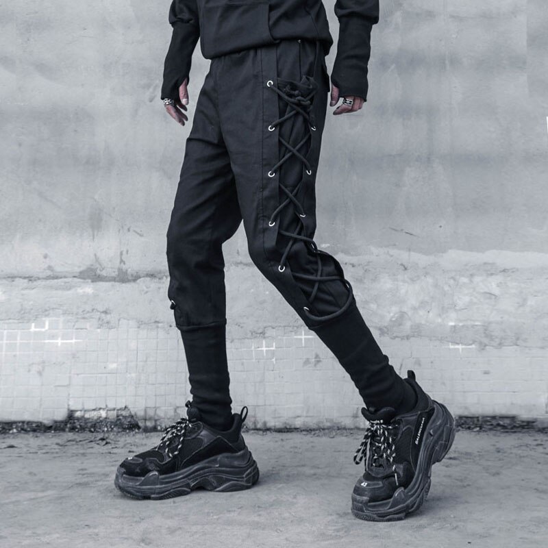 Pantalones de harén para hombre, ropa de calle gótica, Punk, Hip Hop, ajustados, con cordón